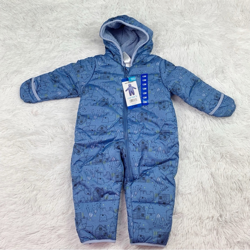 Carter's baby printed snowsuits one piece hooded fleece lining in blue